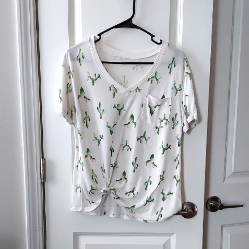 Awake White and Green Cactus Print Women's Top Medium